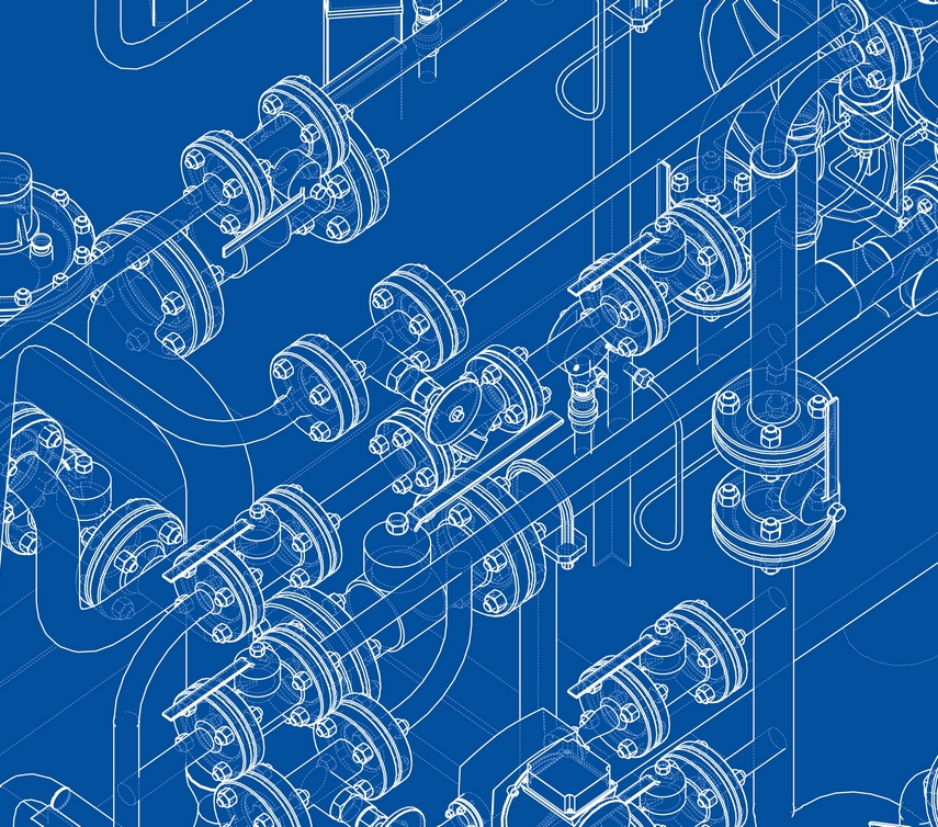 Valves and other industrial equipment. Vector rendering of 3d. Wire-frame style. The layers of visible and invisible lines are separated. Orthography